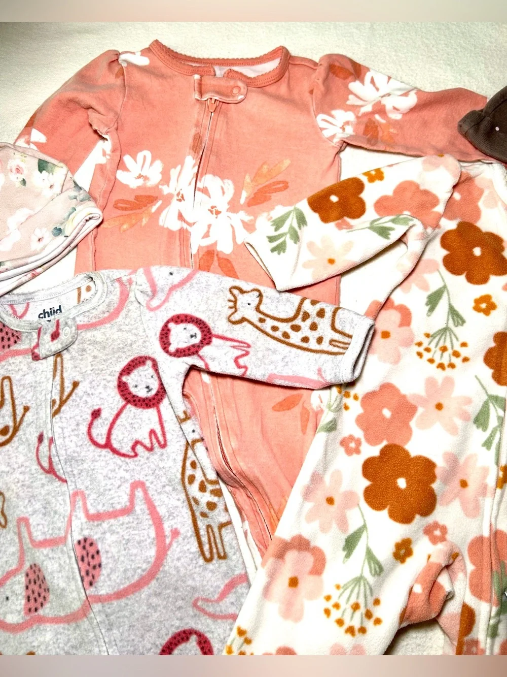 6 Piece Baby Girls Floral/Print Fleece One-Piece Footed Pajamas Elephant Lovie